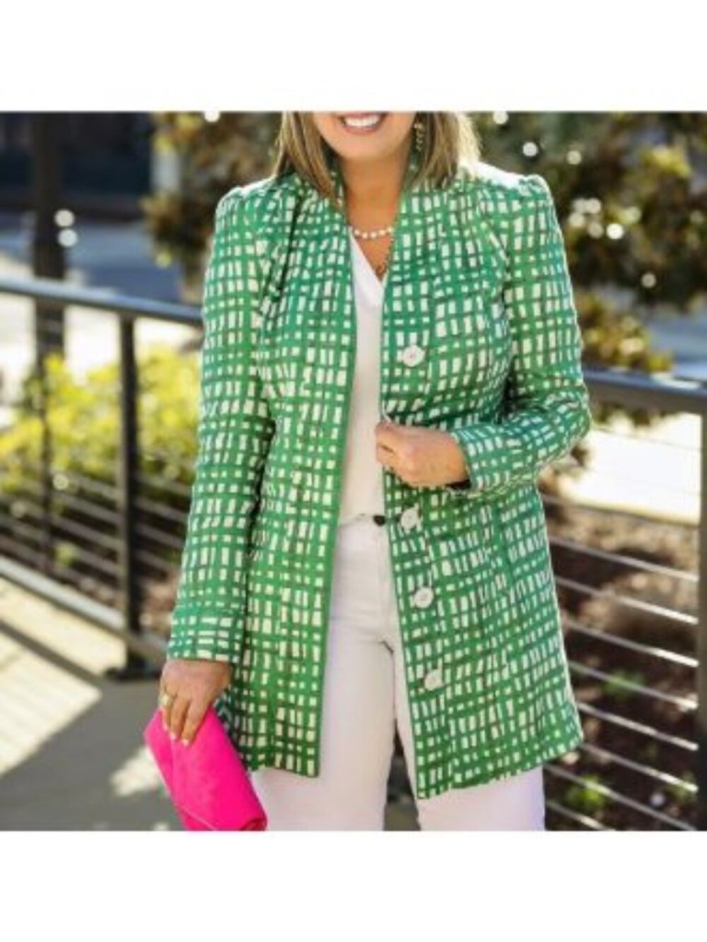 Cabi Circuit Green White Belted Jacket Size Medium Plaid Linen Blend 6025